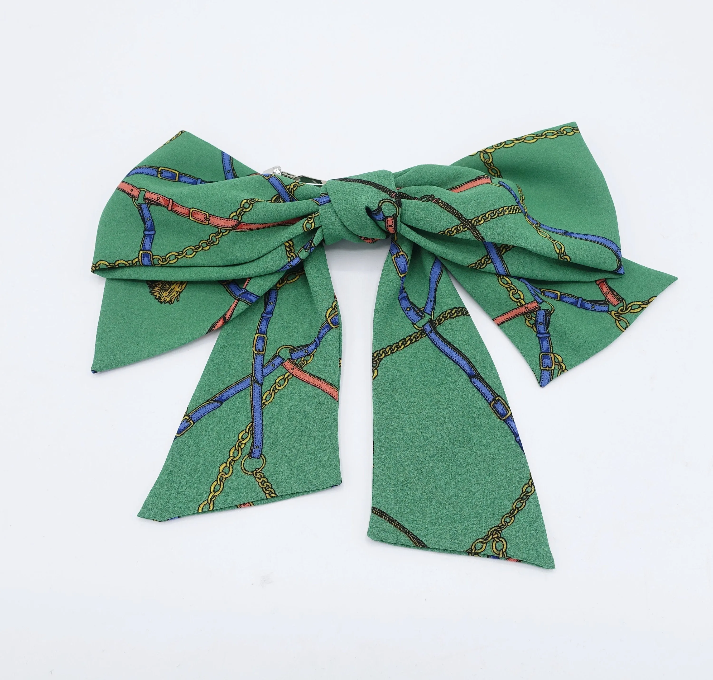 chain strap print chiffon hair bow big layered tail bow stylish hair accessory for women