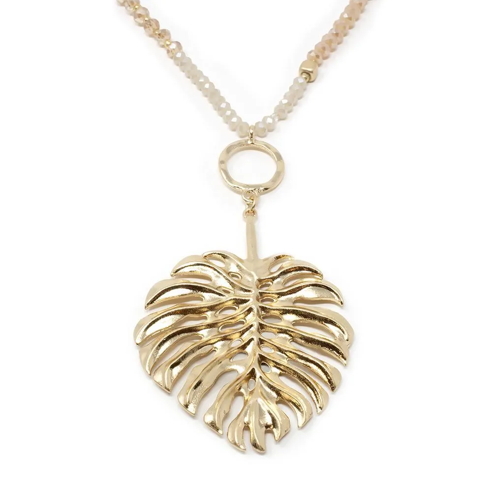 Champagne Glass Bead Long Neck W Leaf Pendant Gold T