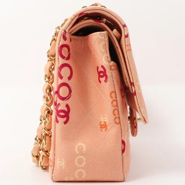Chanel Around 2001 Made Cotton Logo Print Classic Flap Chain Bag 25Cm Coral Pink