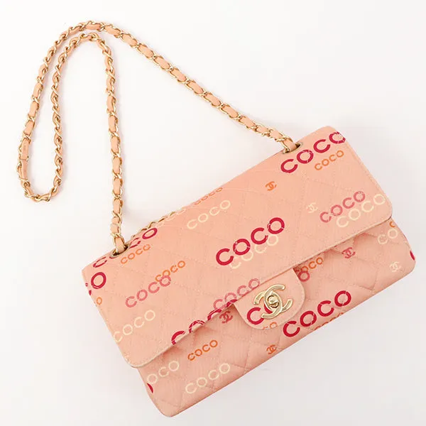 Chanel Around 2001 Made Cotton Logo Print Classic Flap Chain Bag 25Cm Coral Pink