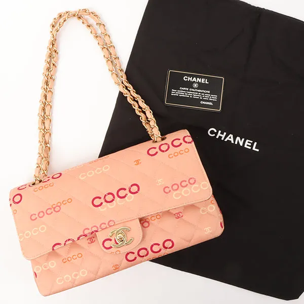 Chanel Around 2001 Made Cotton Logo Print Classic Flap Chain Bag 25Cm Coral Pink