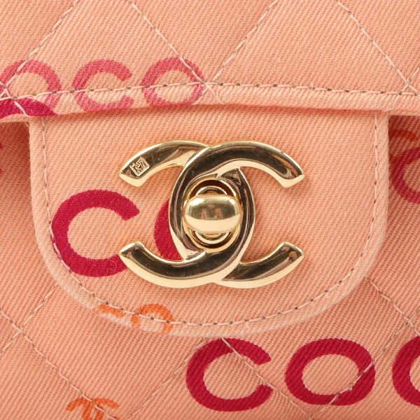 Chanel Around 2001 Made Cotton Logo Print Classic Flap Chain Bag 25Cm Coral Pink