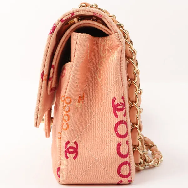 Chanel Around 2001 Made Cotton Logo Print Classic Flap Chain Bag 25Cm Coral Pink