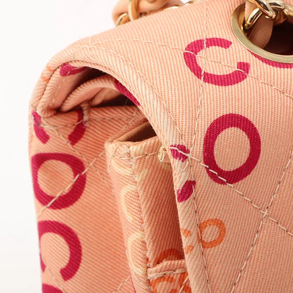 Chanel Around 2001 Made Cotton Logo Print Classic Flap Chain Bag 25Cm Coral Pink
