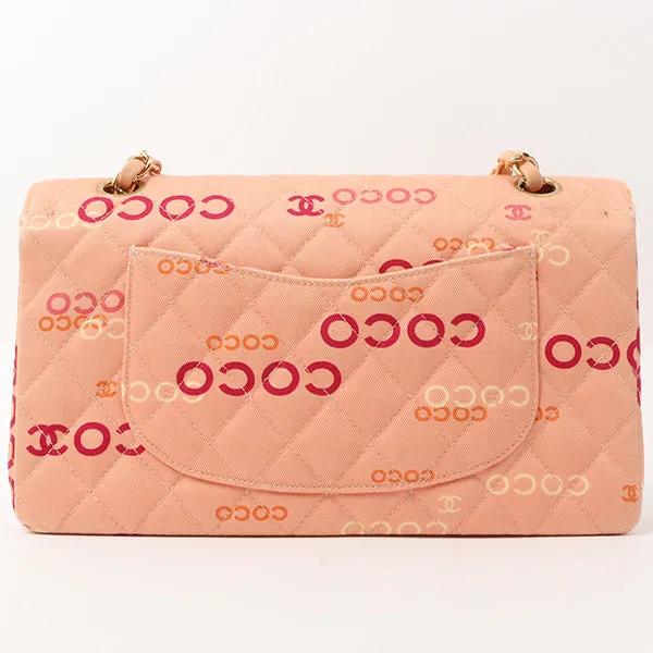 Chanel Around 2001 Made Cotton Logo Print Classic Flap Chain Bag 25Cm Coral Pink