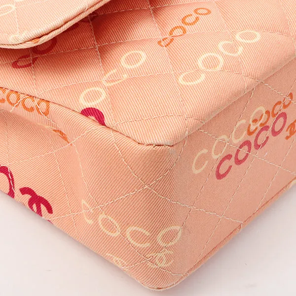 Chanel Around 2001 Made Cotton Logo Print Classic Flap Chain Bag 25Cm Coral Pink