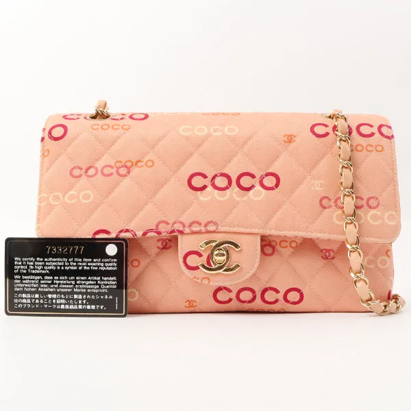 Chanel Around 2001 Made Cotton Logo Print Classic Flap Chain Bag 25Cm Coral Pink