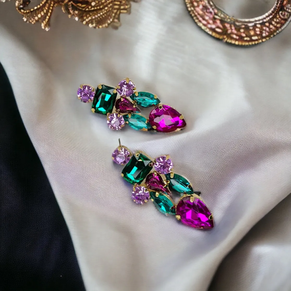 Colorful Rhinestone Earrings - Mardi Gras Ball, Rhinestone Earrings, Hot Pink, Parade Outfit