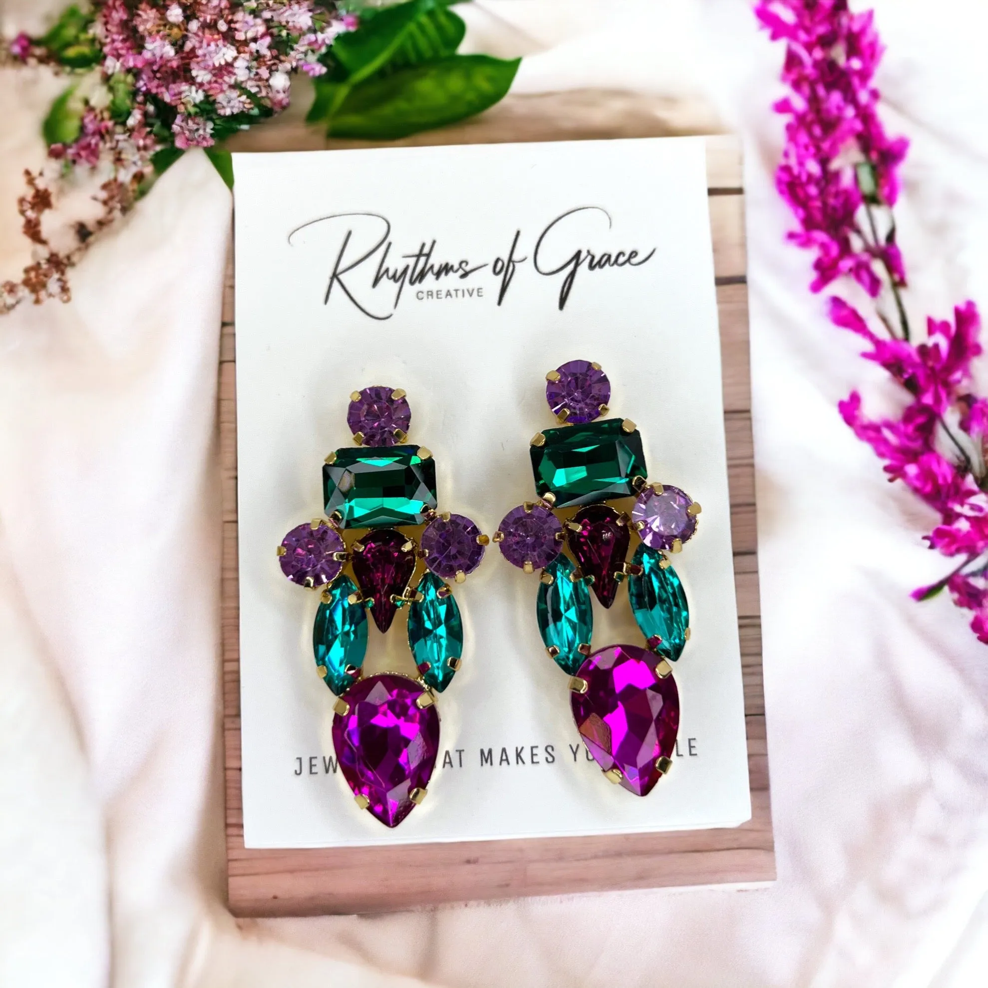 Colorful Rhinestone Earrings - Mardi Gras Ball, Rhinestone Earrings, Hot Pink, Parade Outfit