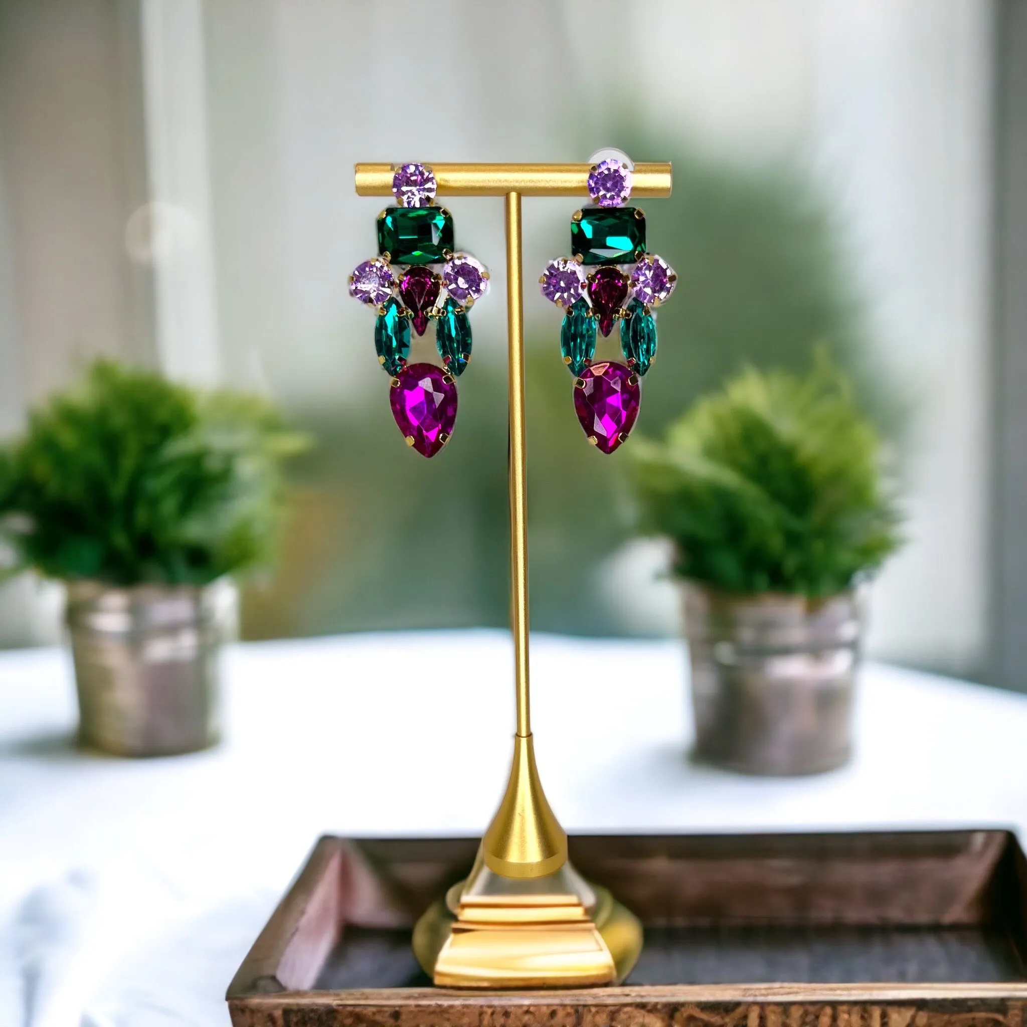 Colorful Rhinestone Earrings - Mardi Gras Ball, Rhinestone Earrings, Hot Pink, Parade Outfit