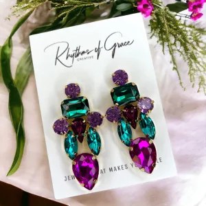 Colorful Rhinestone Earrings - Mardi Gras Ball, Rhinestone Earrings, Hot Pink, Parade Outfit