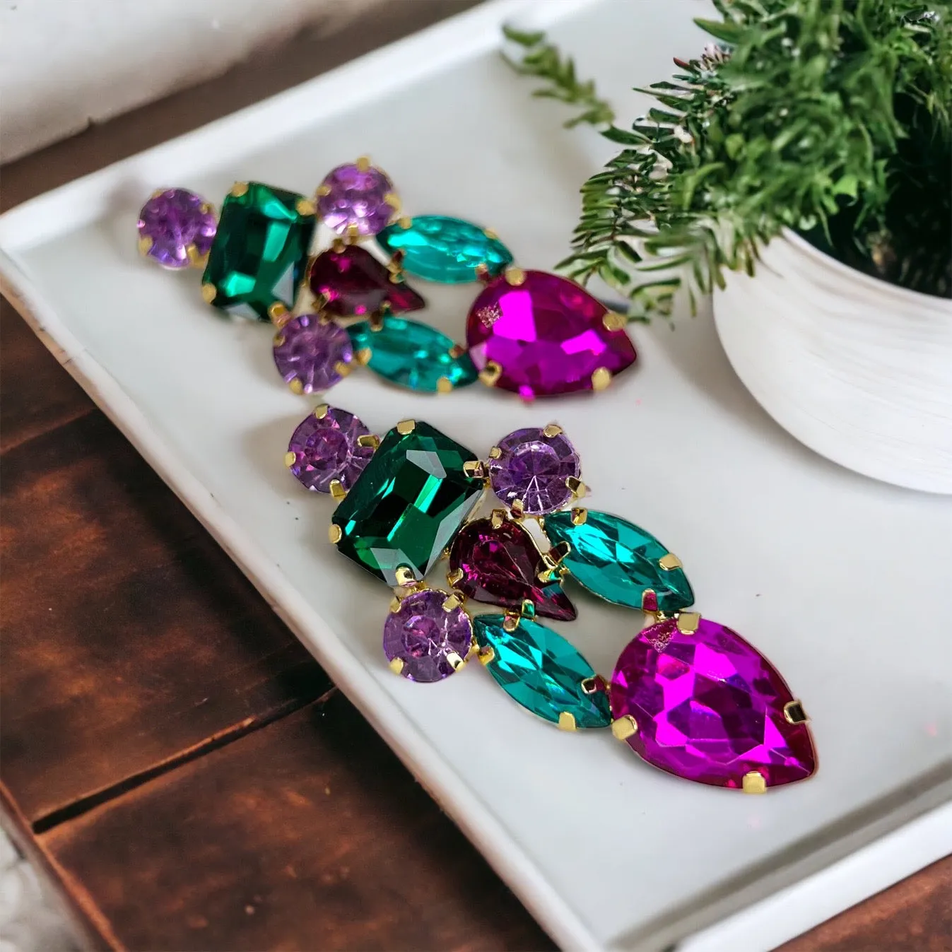 Colorful Rhinestone Earrings - Mardi Gras Ball, Rhinestone Earrings, Hot Pink, Parade Outfit
