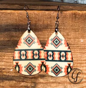 CORAL AND BLACK WOOD AZTEC EARRINGS