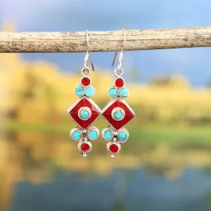 Coral and Turquoise Flower Drop Earrings