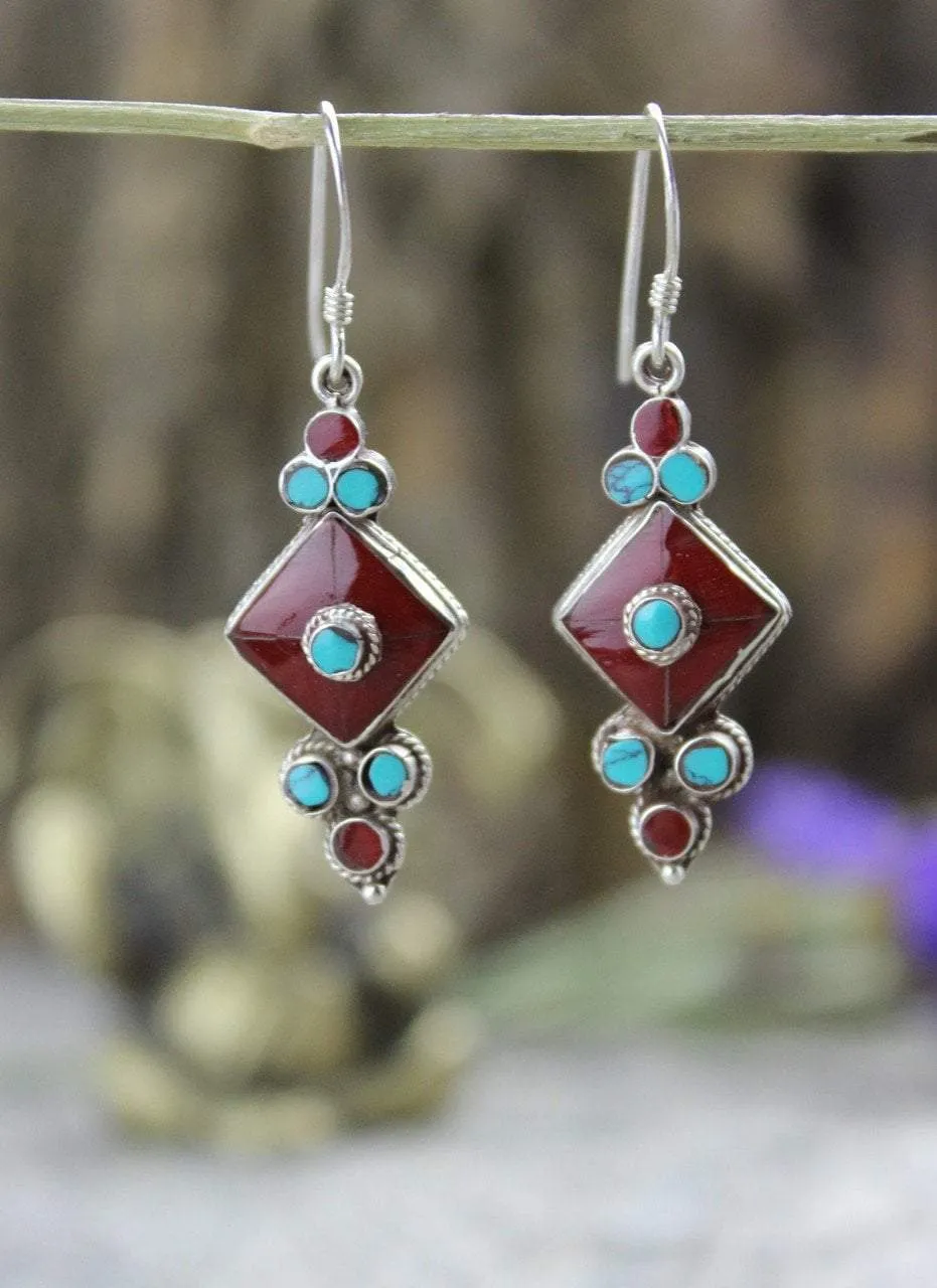 Coral and Turquoise Flower Drop Earrings