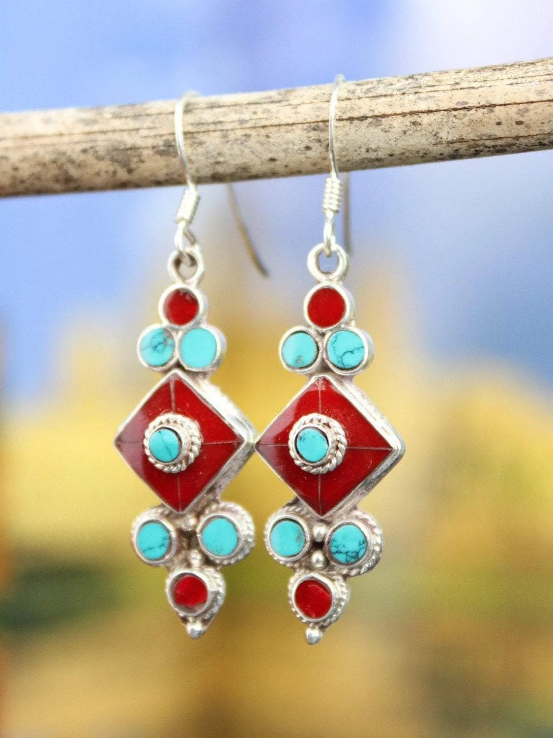 Coral and Turquoise Flower Drop Earrings