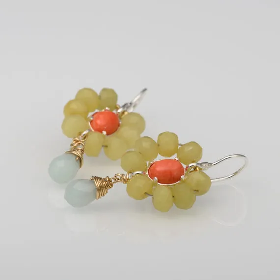 Coral Jade and Amazonite flower earrings