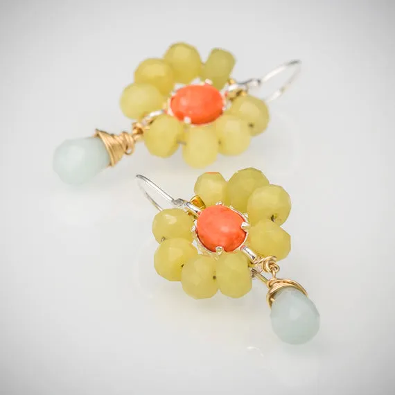 Coral Jade and Amazonite flower earrings