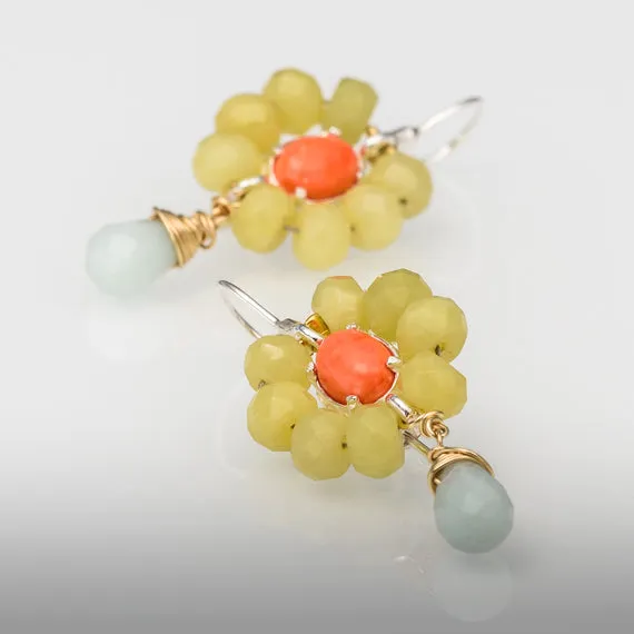 Coral Jade and Amazonite flower earrings