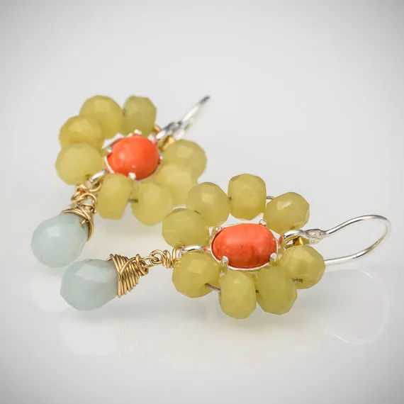 Coral Jade and Amazonite flower earrings