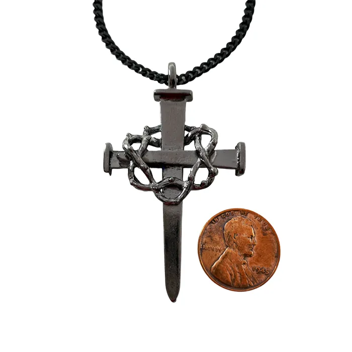 Crown Of Thorns Nail Cross Large Dark Metal Finish Pendant Dark Chain Necklace