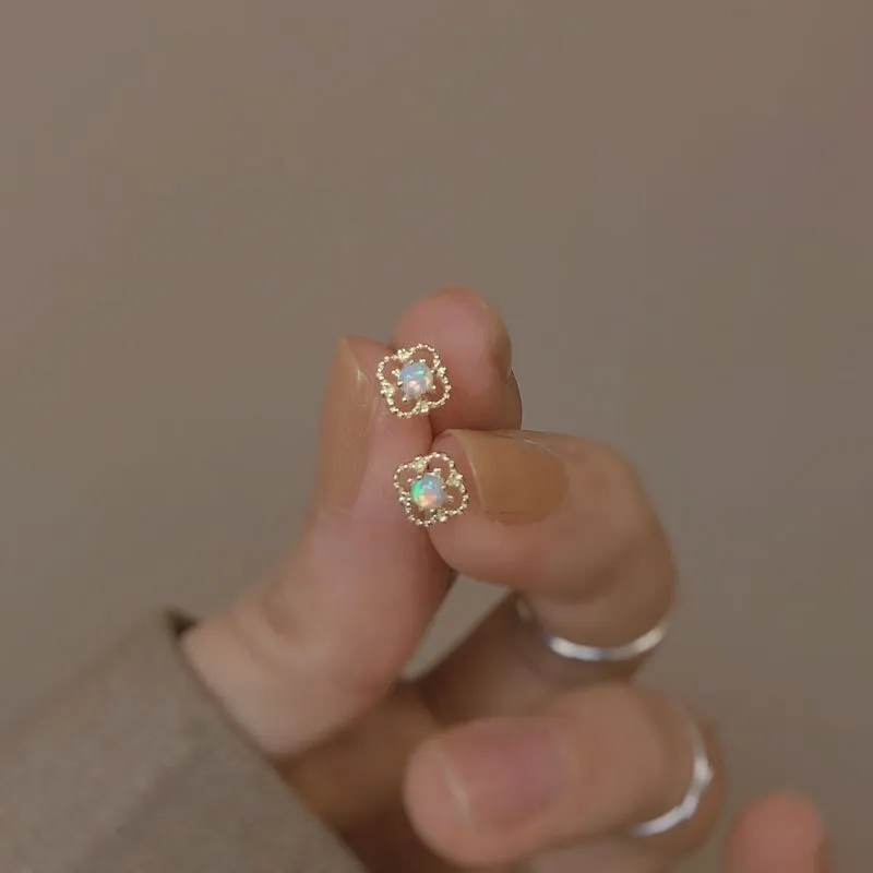 Dainty Bright-Colored Flower Shaped Opal Stud Earrings