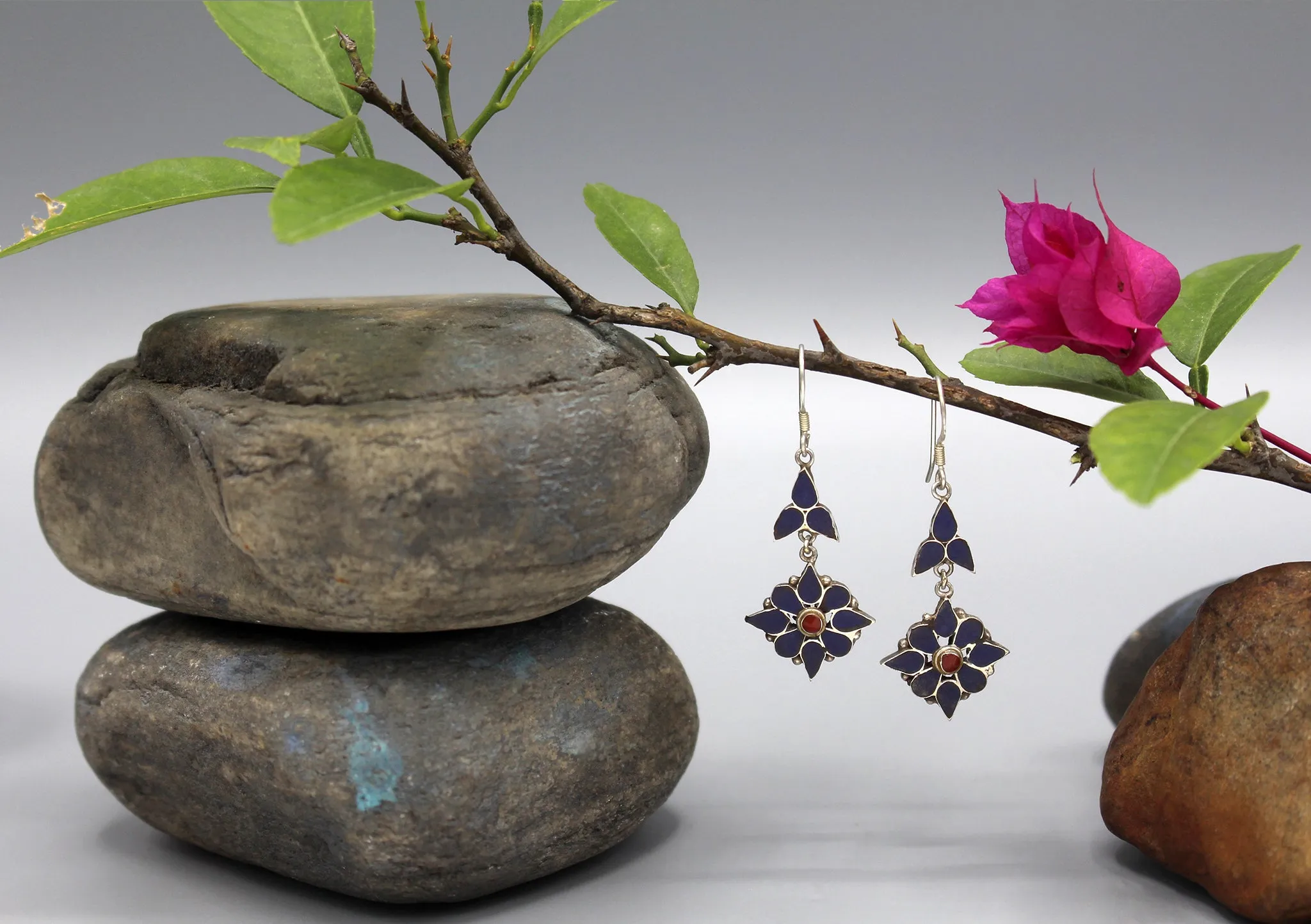 Daisy Flower Lapis and Coral Inlaid Dangle Earrings