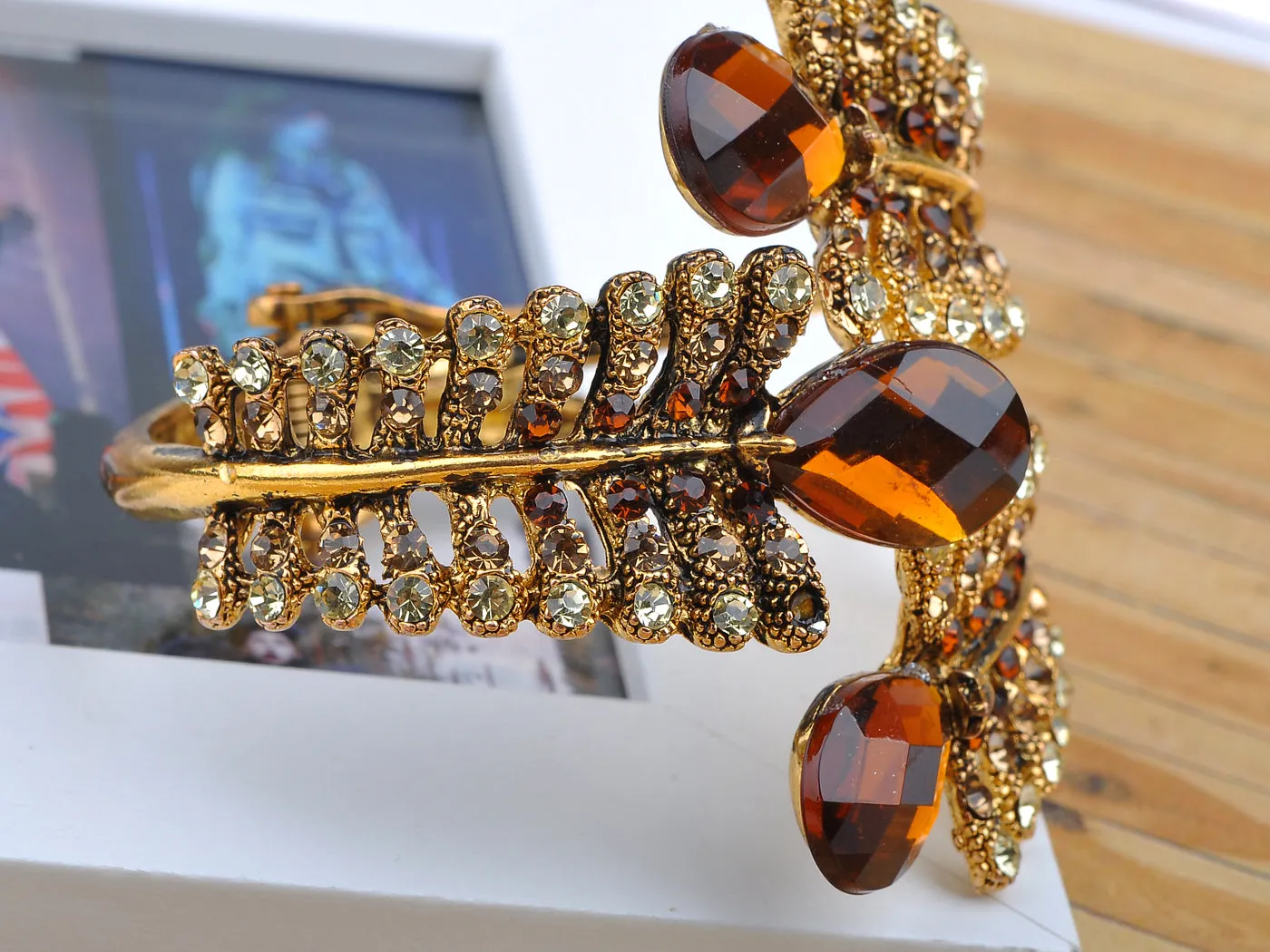Dark Brown Topaz Gem Fossil Leaf Wrap Bracelet Cuff Bangle