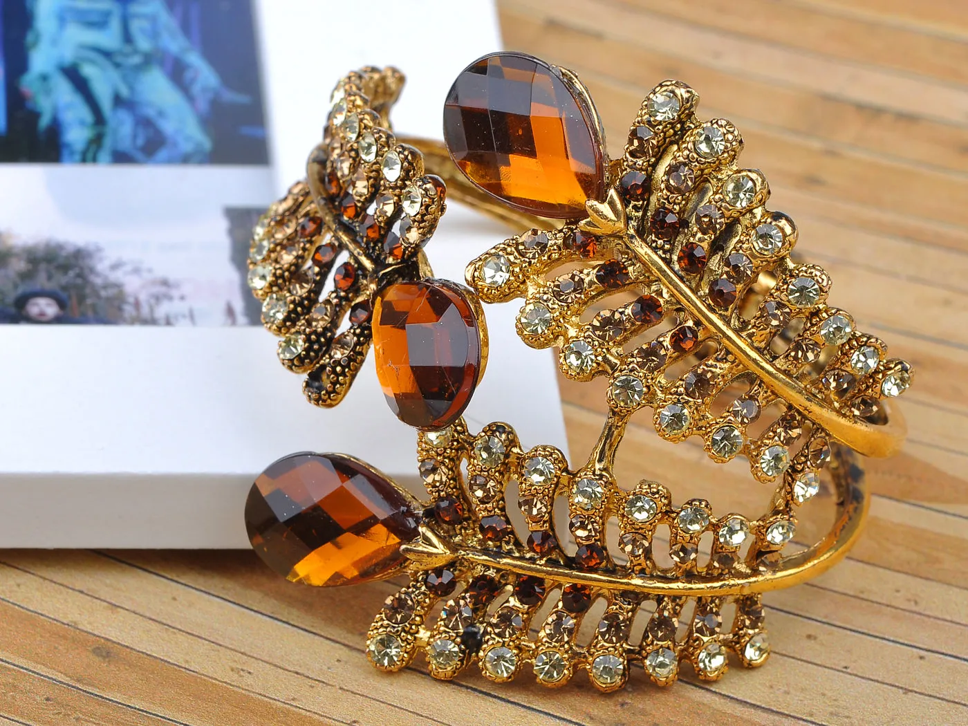 Dark Brown Topaz Gem Fossil Leaf Wrap Bracelet Cuff Bangle