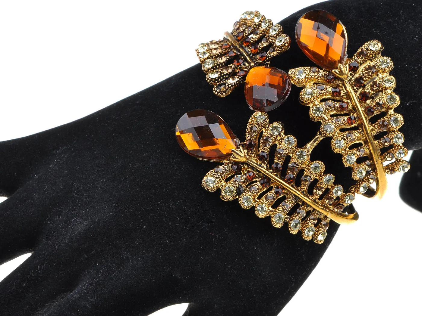 Dark Brown Topaz Gem Fossil Leaf Wrap Bracelet Cuff Bangle