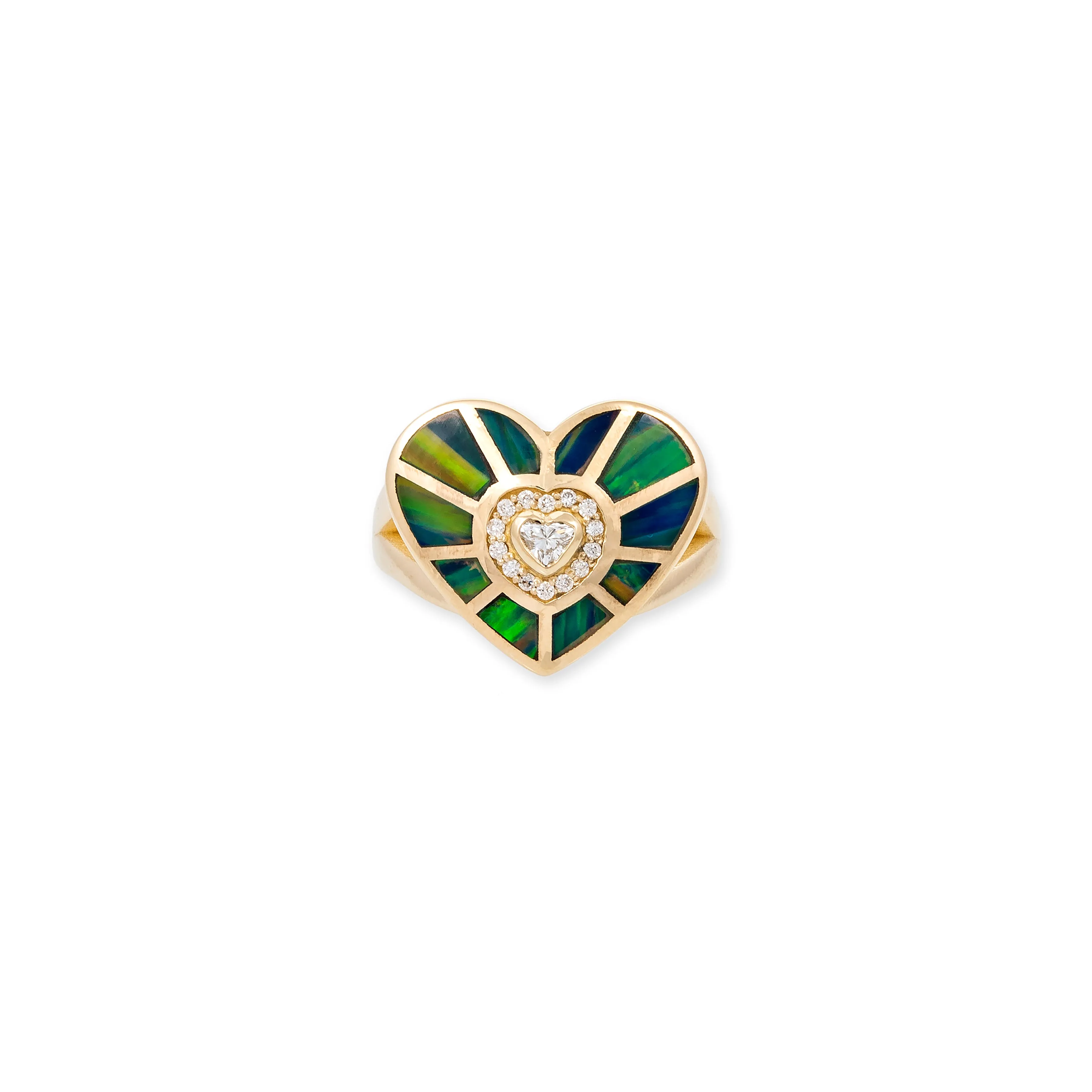 DIAMOND HEART CENTER   BLUE GREEN OPAL INLAY HEART VORTEX RING