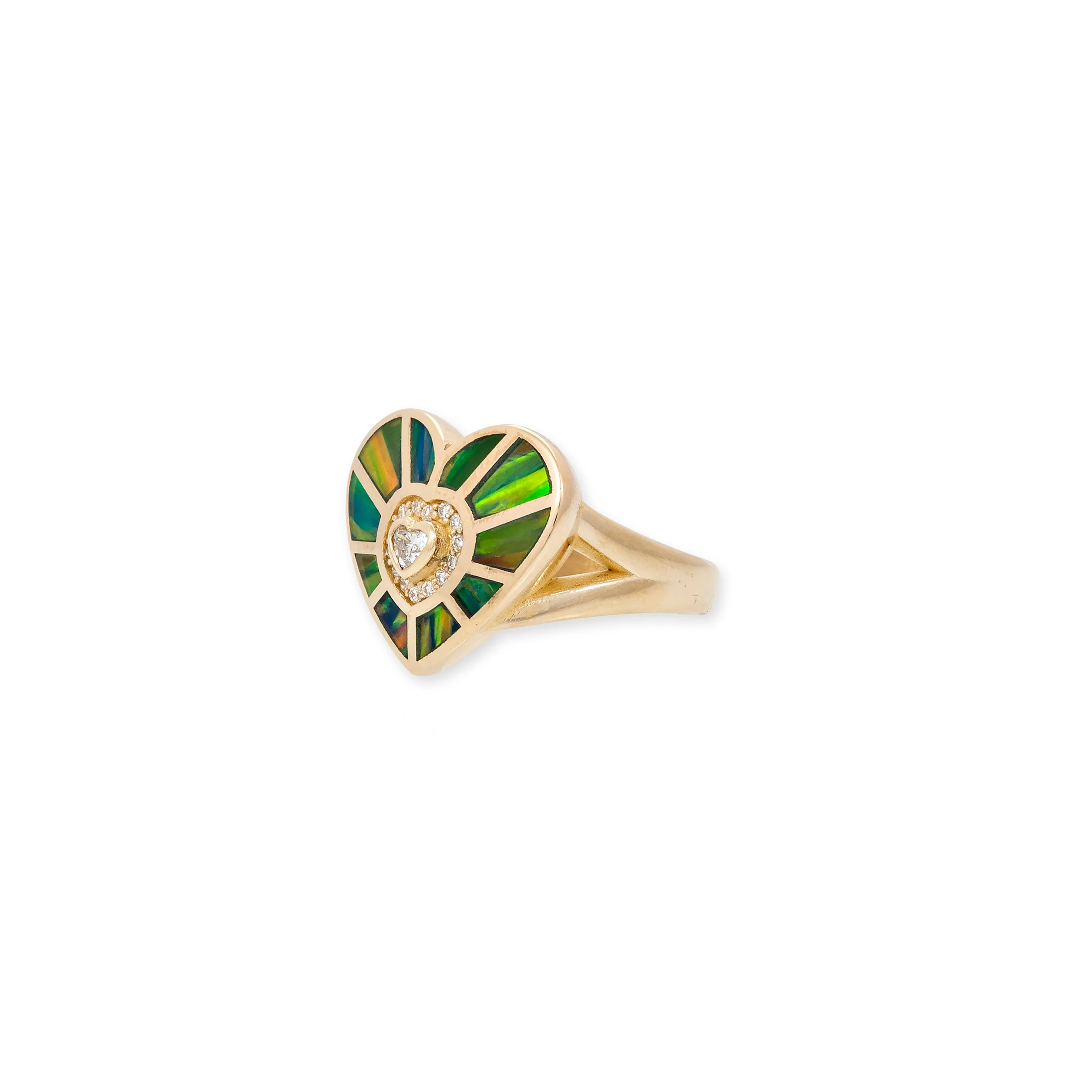 DIAMOND HEART CENTER   BLUE GREEN OPAL INLAY HEART VORTEX RING