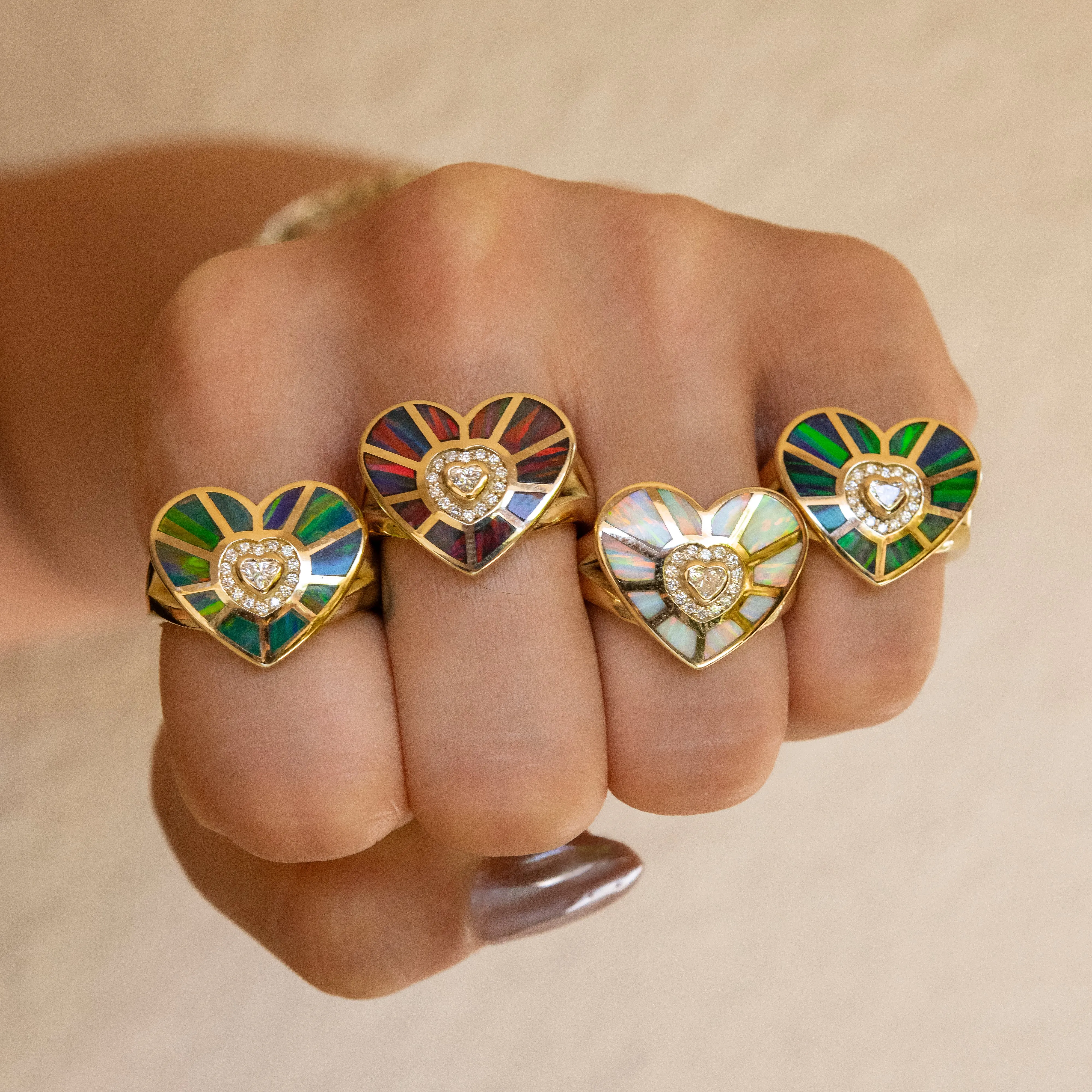 DIAMOND HEART CENTER   BLUE GREEN OPAL INLAY HEART VORTEX RING