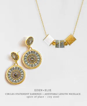 Double Circle Statement Drop Earrings   Adjustable Length Necklace Set - Spirit of Place City Steel