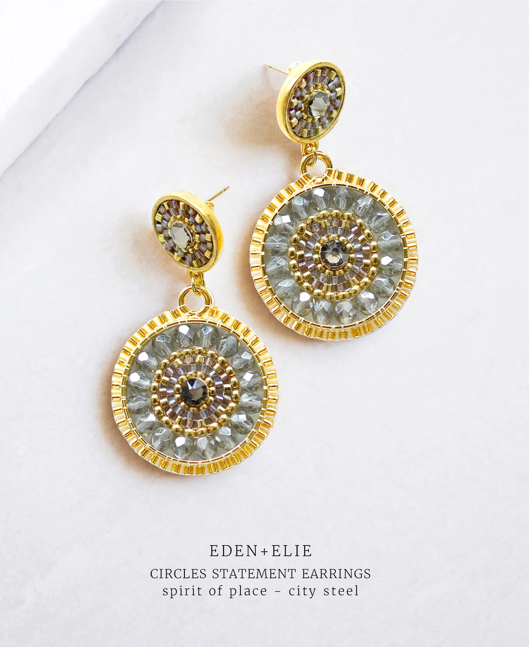 Double Circle Statement Drop Earrings   Adjustable Length Necklace Set - Spirit of Place City Steel