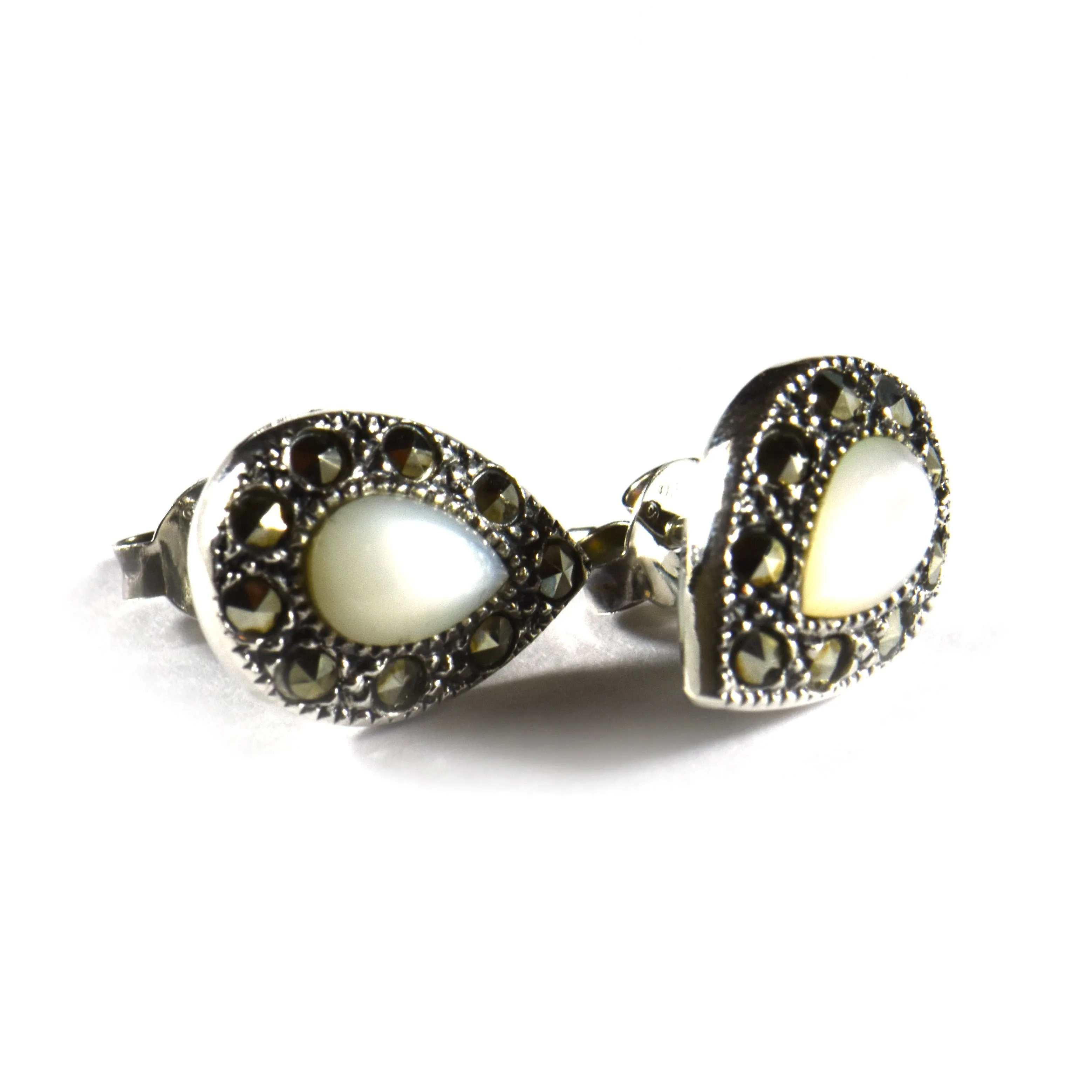 Drop silver studs earring with drop mother of pearl & marcasite