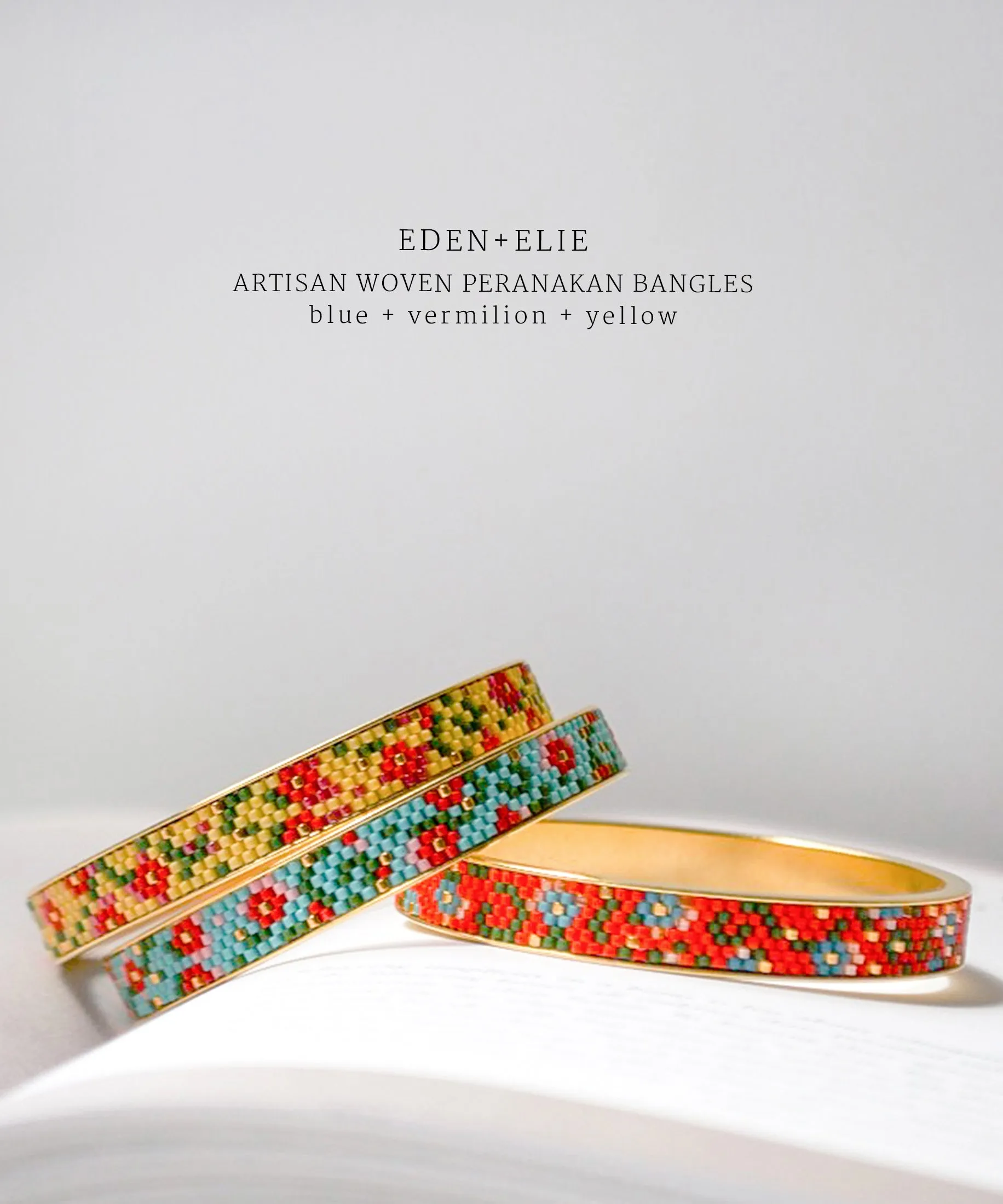 EDEN   ELIE Modern Peranakan gold narrow bangles set of 2 - vermilion   yellow