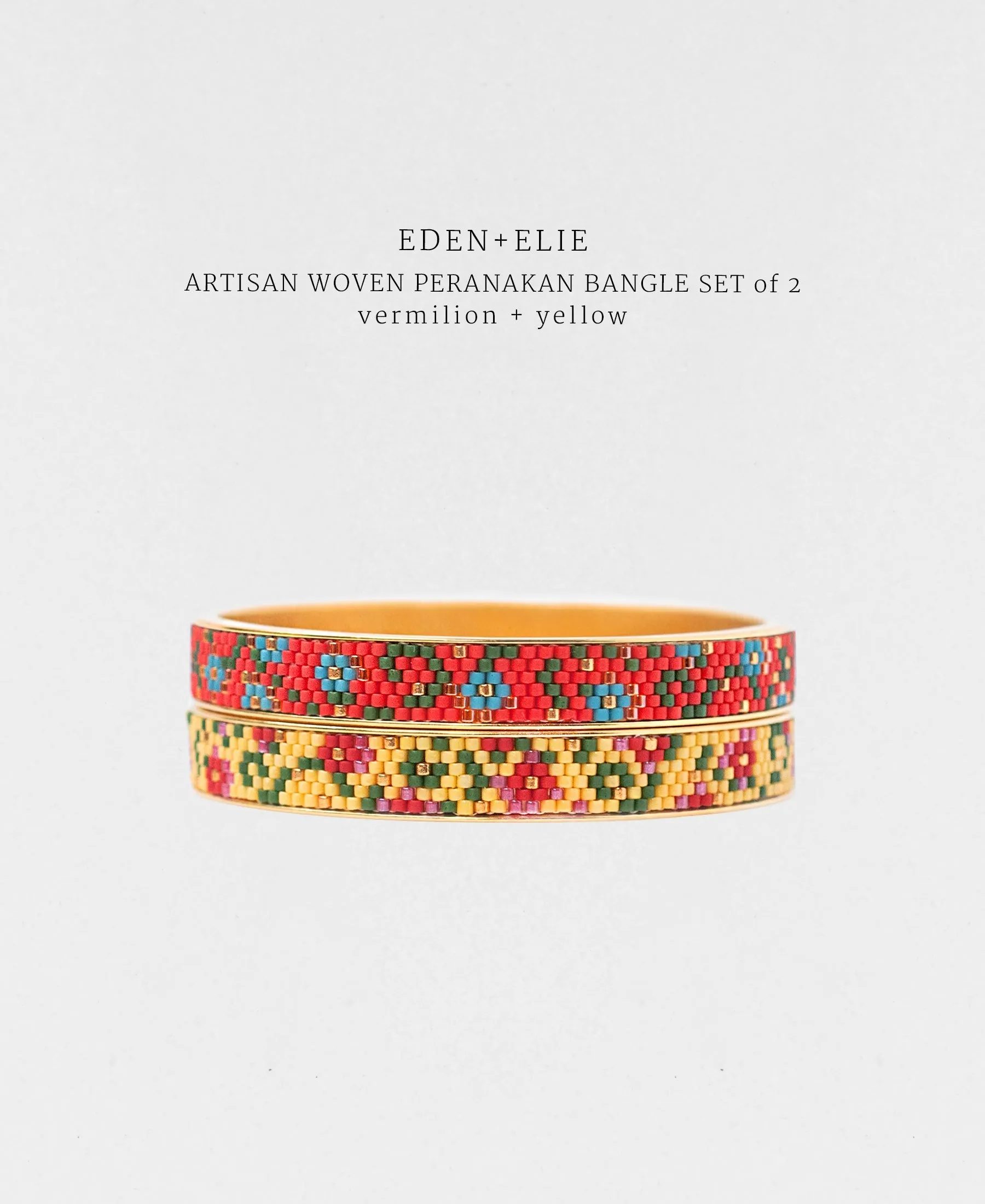 EDEN   ELIE Modern Peranakan gold narrow bangles set of 2 - vermilion   yellow