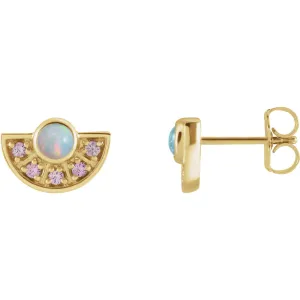 Ethiopian Opal & Pink Sapphire Fan Earrings in 14k Gold