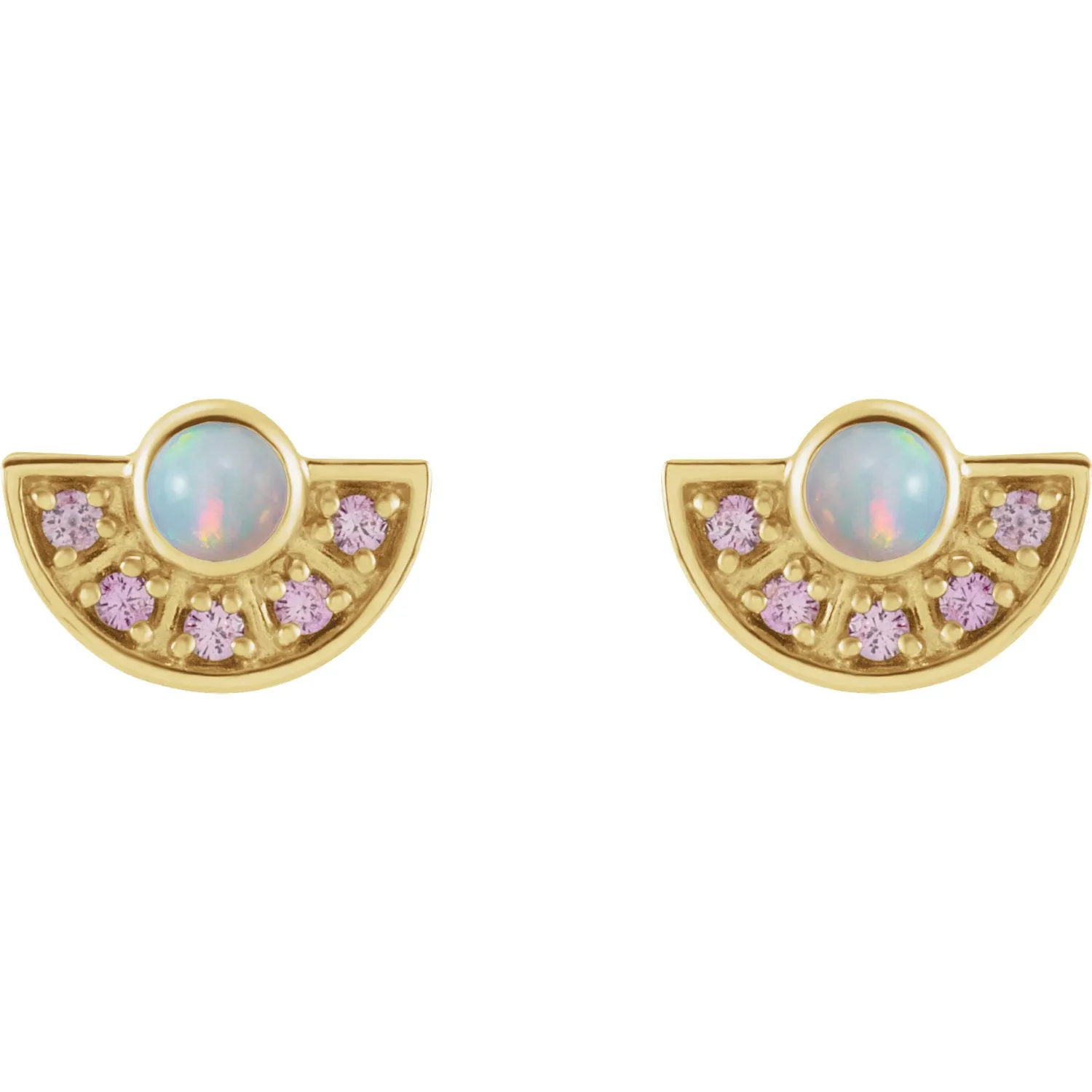 Ethiopian Opal & Pink Sapphire Fan Earrings in 14k Gold