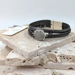 Geometric shape semi-precious component leather bracelet with magnetic clasp