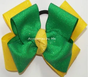 Glitter Emerald Green Yellow Cheer Bow