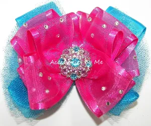 Glitzy Shocking Pink Turquoise Organza Tutu Hair Bow