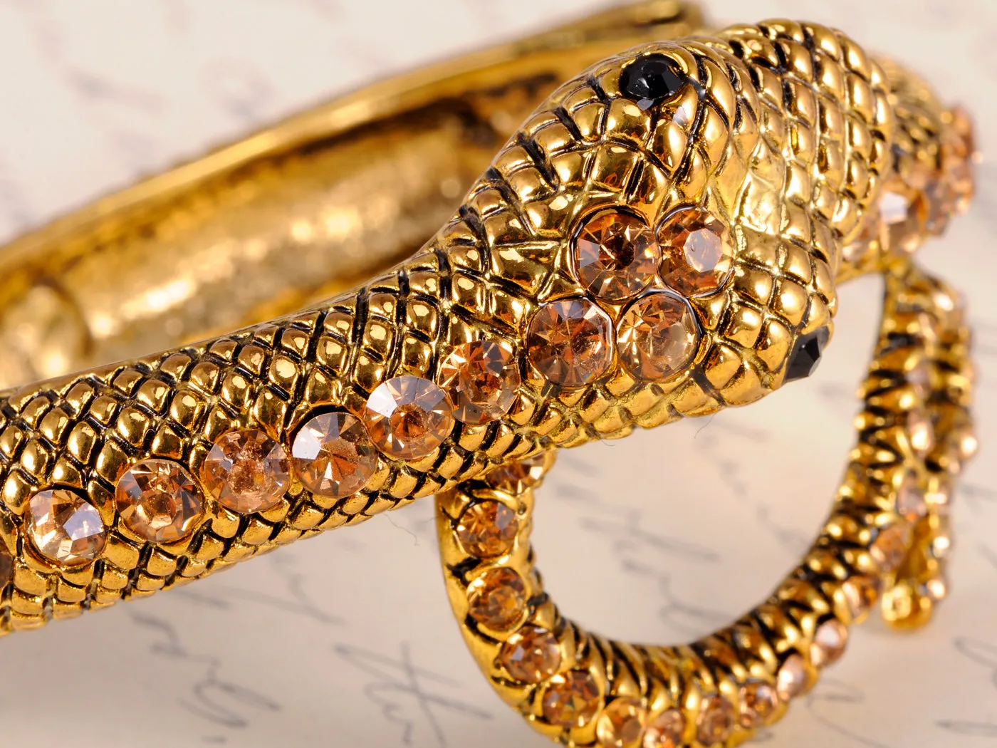Gold Antique Like Egyptian Topaz Blk Snake Cuff Bangle Bracelet