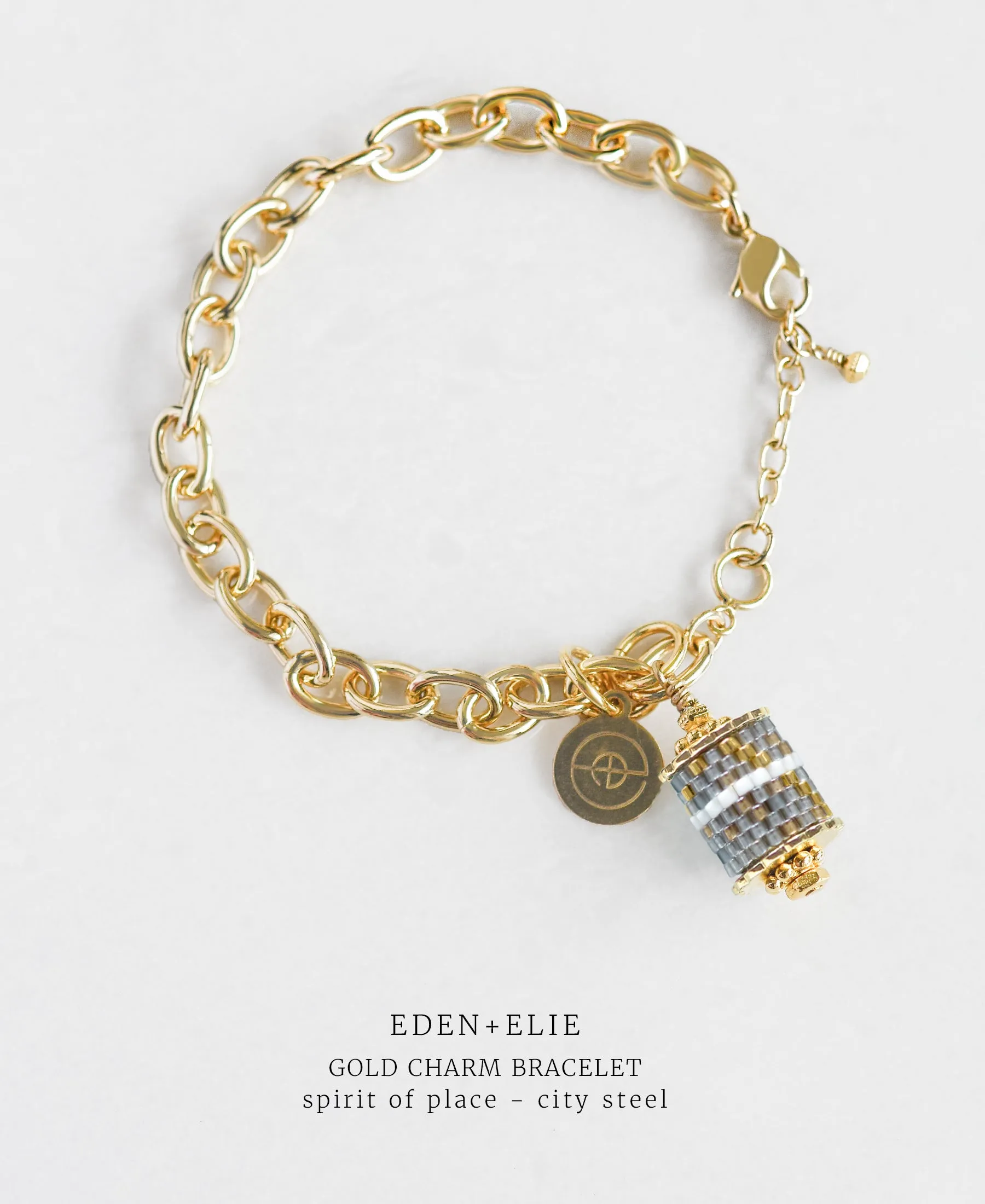 Gold Charm Bracelet   Adjustable Length Necklace Set - Spirit of Place City Steel