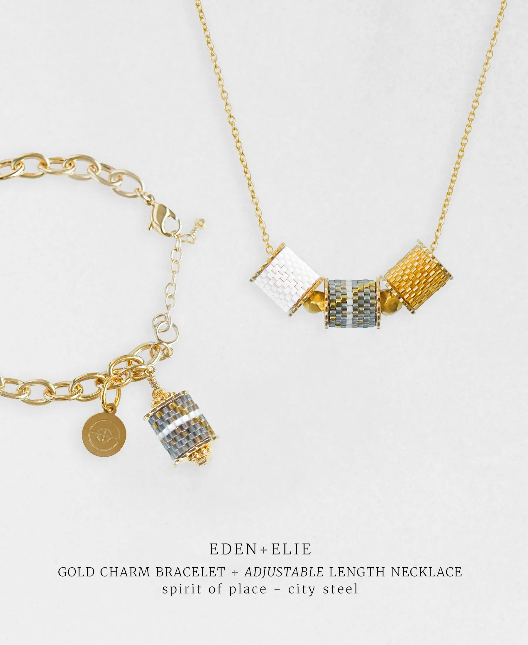 Gold Charm Bracelet   Adjustable Length Necklace Set - Spirit of Place City Steel