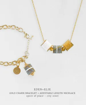 Gold Charm Bracelet   Adjustable Length Necklace Set - Spirit of Place City Steel