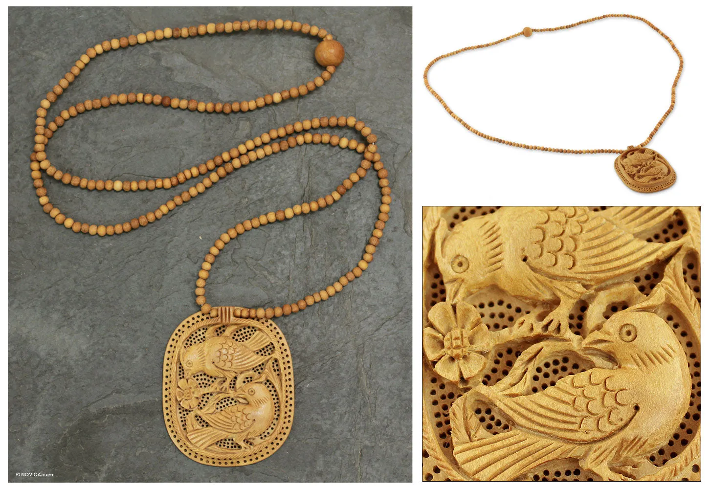Handcrafted Wood Jali Necklace - Playful Birds | NOVICA