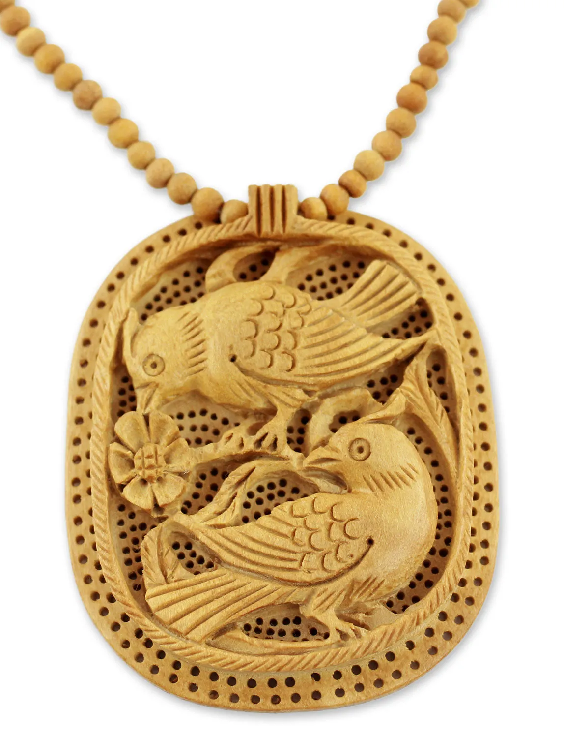 Handcrafted Wood Jali Necklace - Playful Birds | NOVICA