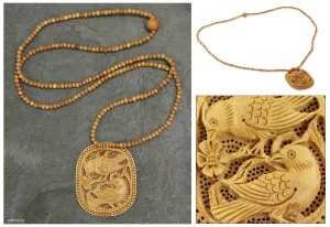 Handcrafted Wood Jali Necklace - Playful Birds | NOVICA